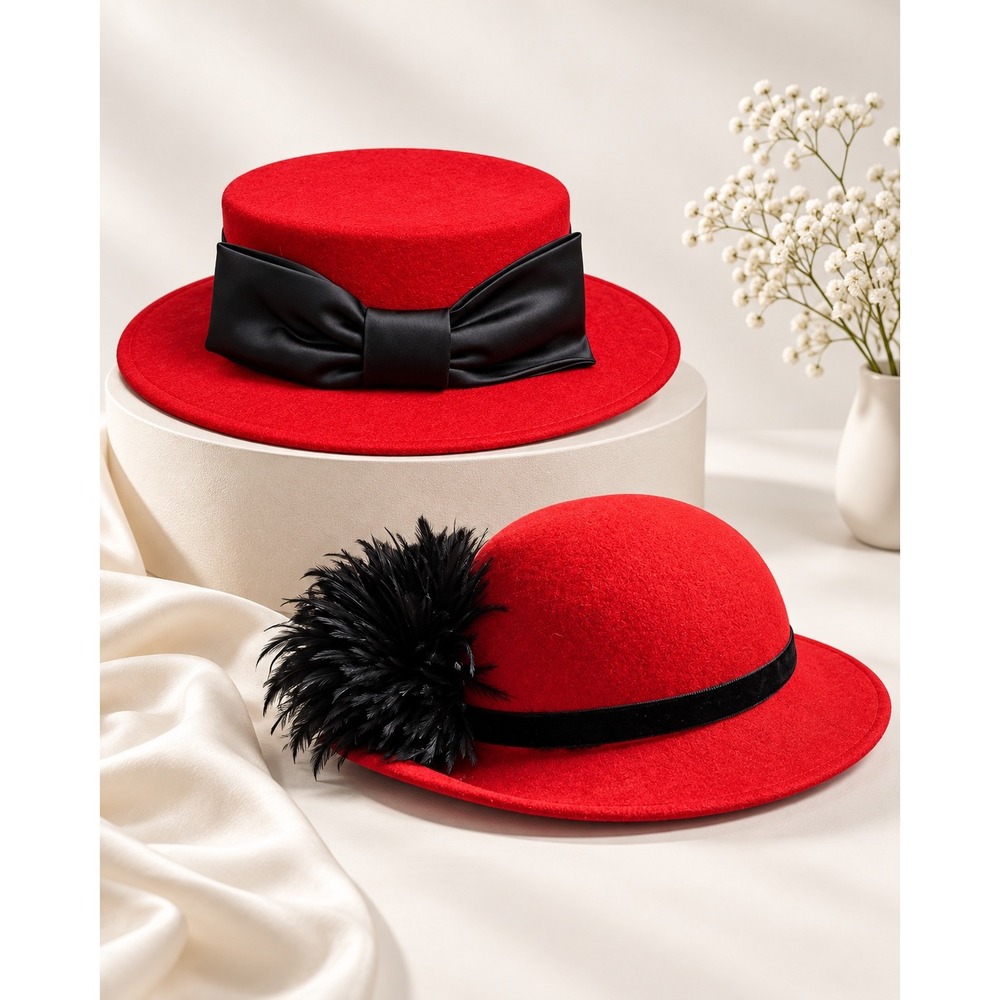 Michael Howard Vintage Red Wool Hat Set Boater with Bow & Cloche with Feathers